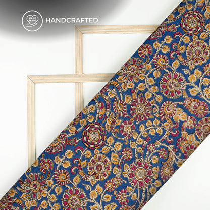 Royal Blue And Pink Floral Pattern Kalamkari Cotton Fabric