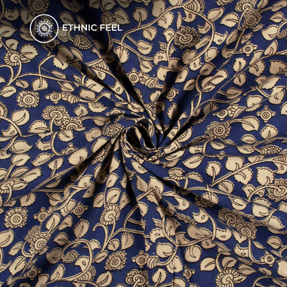 Royal Blue And Beige Leaf Pattern Kalamkari Cotton Fabric