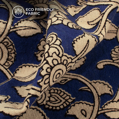 Royal Blue And Beige Leaf Pattern Kalamkari Cotton Fabric