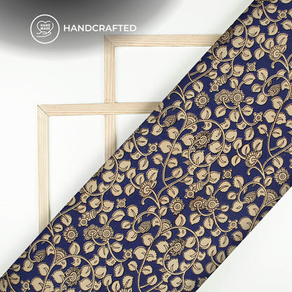 Royal Blue And Beige Leaf Pattern Kalamkari Cotton Fabric