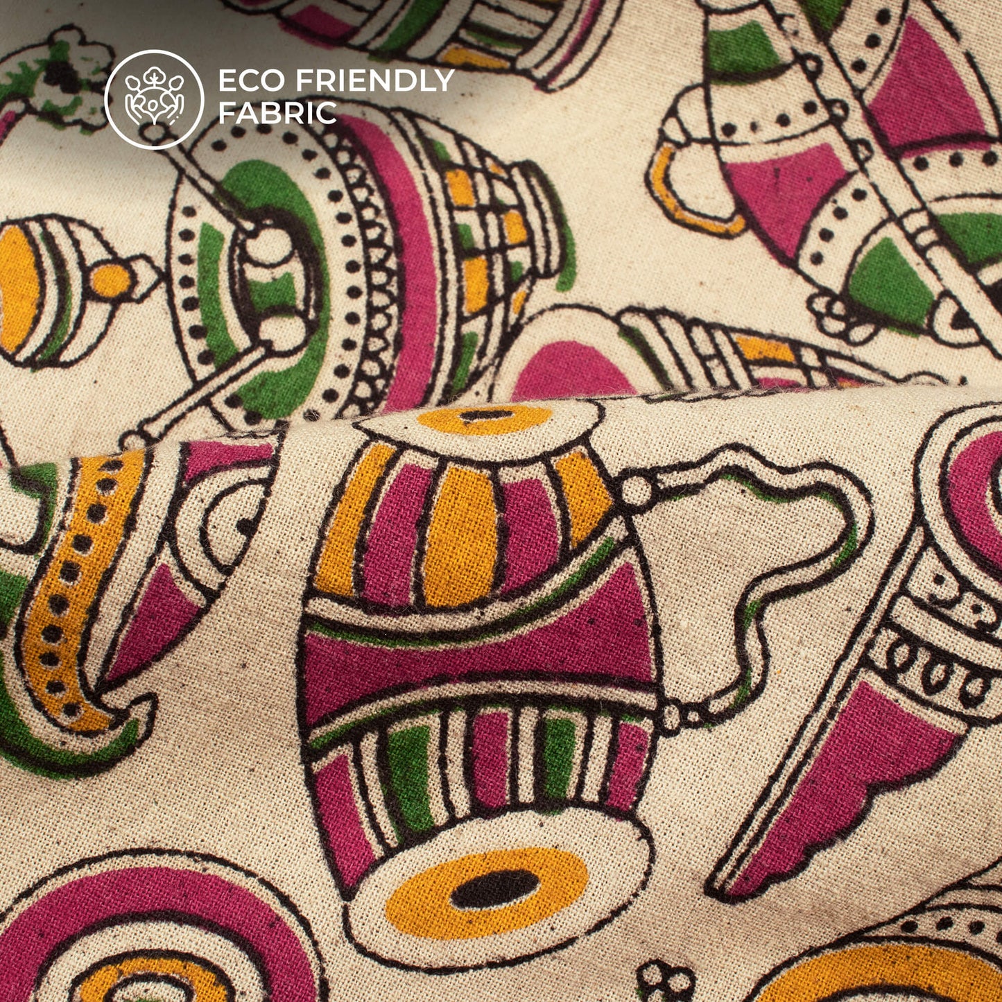 Tan Beige Quirky Pattern Kalamkari Cotton Fabric