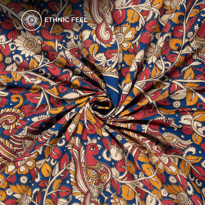 Royal Blue And Beige Floral Pattern Printed Kalamkari Cotton Fabric
