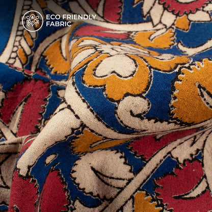 Royal Blue And Beige Floral Pattern Printed Kalamkari Cotton Fabric