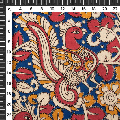 Royal Blue And Beige Floral Pattern Printed Kalamkari Cotton Fabric