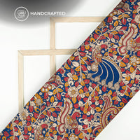 Royal Blue And Beige Floral Pattern Printed Kalamkari Cotton Fabric