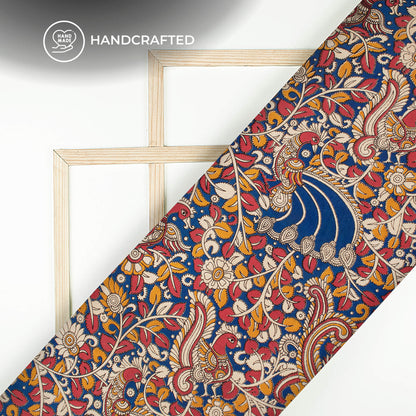 Royal Blue And Beige Floral Pattern Printed Kalamkari Cotton Fabric