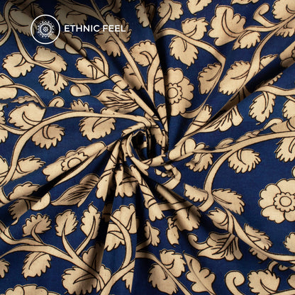 Royal Blue & Beige Floral Pattern Handblock Kalamkari Cotton Fabric
