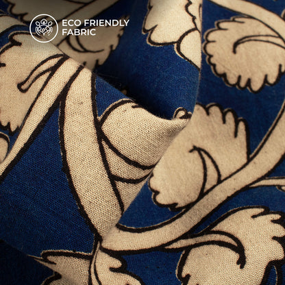 Royal Blue & Beige Floral Pattern Handblock Kalamkari Cotton Fabric
