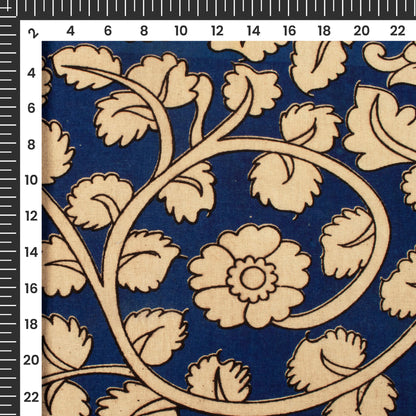 Royal Blue & Beige Floral Pattern Handblock Kalamkari Cotton Fabric