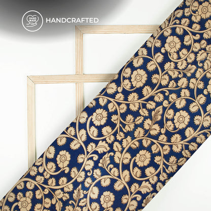Royal Blue & Beige Floral Pattern Handblock Kalamkari Cotton Fabric
