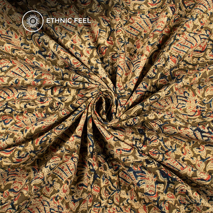 Sage Green Peacock Pattern Printed Kalamkari Cotton Fabric