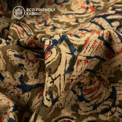 Sage Green Peacock Pattern Printed Kalamkari Cotton Fabric