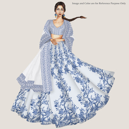 Navy Blue Floral Printed Kali Set With Unstitched Blouse