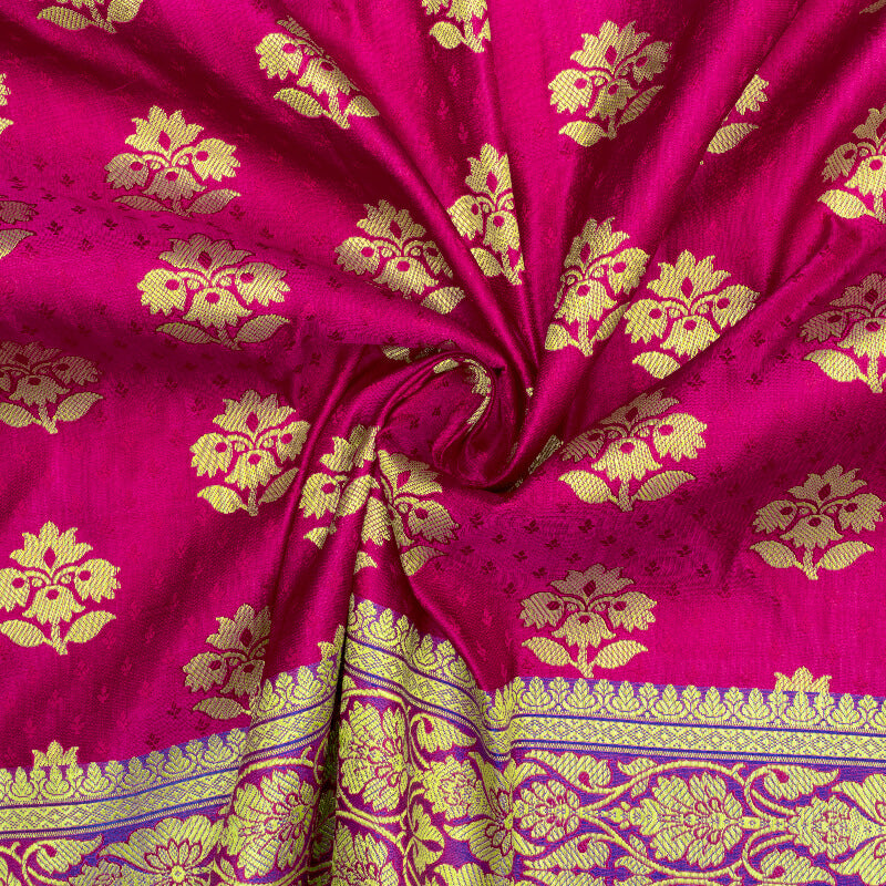 Fuchsia And Royal Blue Floral Pattern Zari Jacquard Bordered Banarasi Katan Silk Satin Fabric - Fabcurate