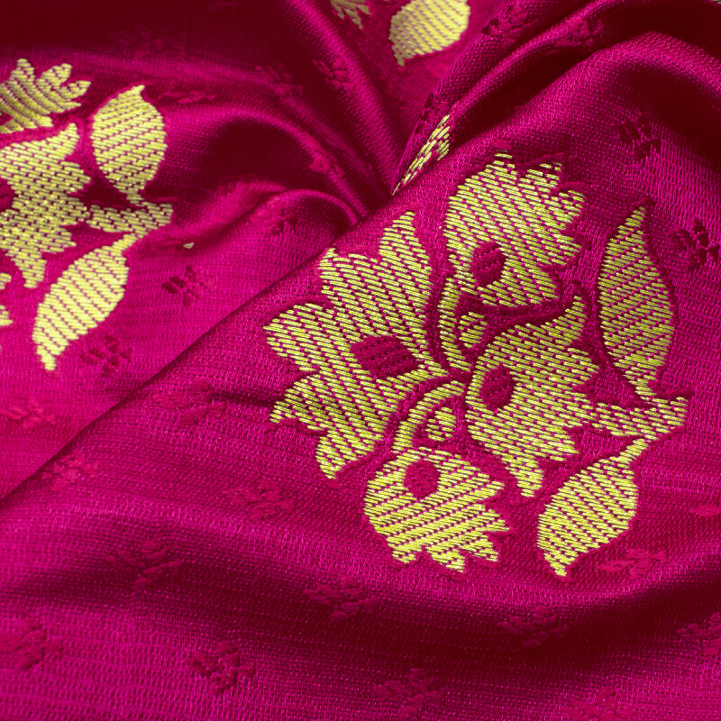 Fuchsia And Royal Blue Floral Pattern Zari Jacquard Bordered Banarasi Katan Silk Satin Fabric - Fabcurate