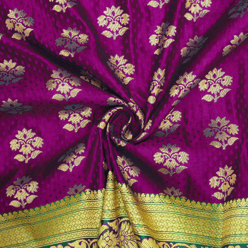 Purple And Green Floral Pattern Zari Jacquard Bordered Banarasi Katan Silk Satin Fabric - Fabcurate