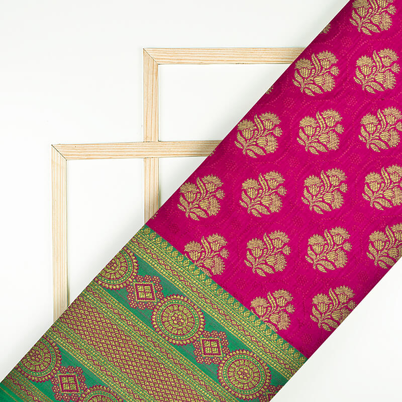 Fuchsia And Green Floral Pattern Zari Jacquard Bordered Banarasi Katan Silk Satin Fabric - Fabcurate