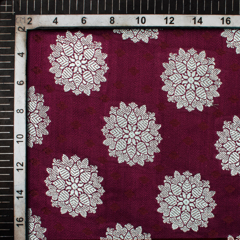 Raisin Purple Floral Pattern Zari Jacquard Banarasi Katan Silk Satin Fabric - Fabcurate