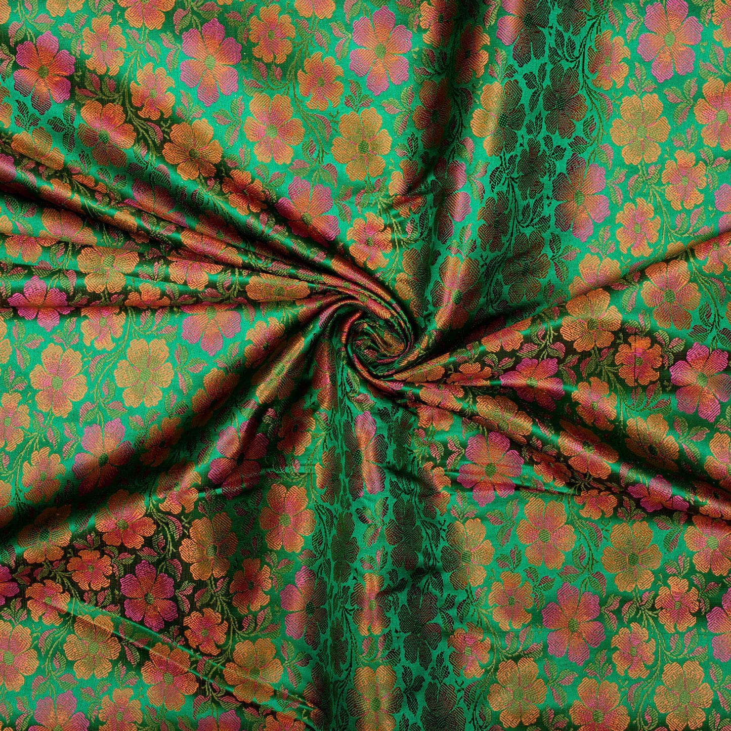 Green And Pink Floral Pattern Banarasi Resham Brocade Katan Silk Fabric