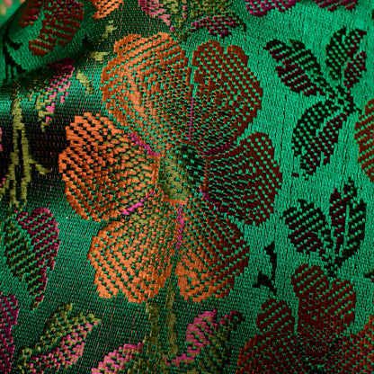 Green And Pink Floral Pattern Banarasi Resham Brocade Katan Silk Fabric