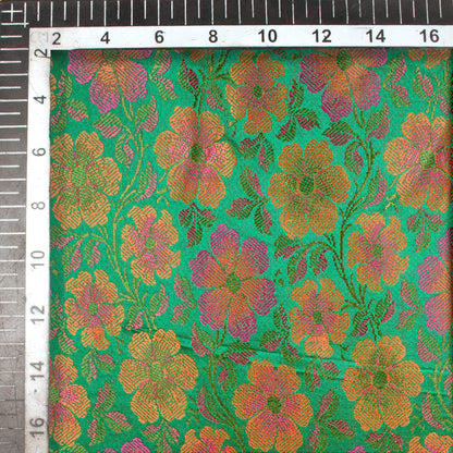 Green And Pink Floral Pattern Banarasi Resham Brocade Katan Silk Fabric