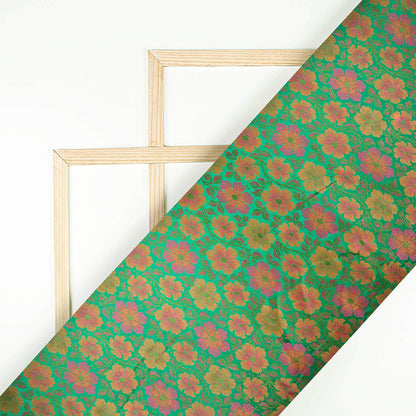 Green And Pink Floral Pattern Banarasi Resham Brocade Katan Silk Fabric