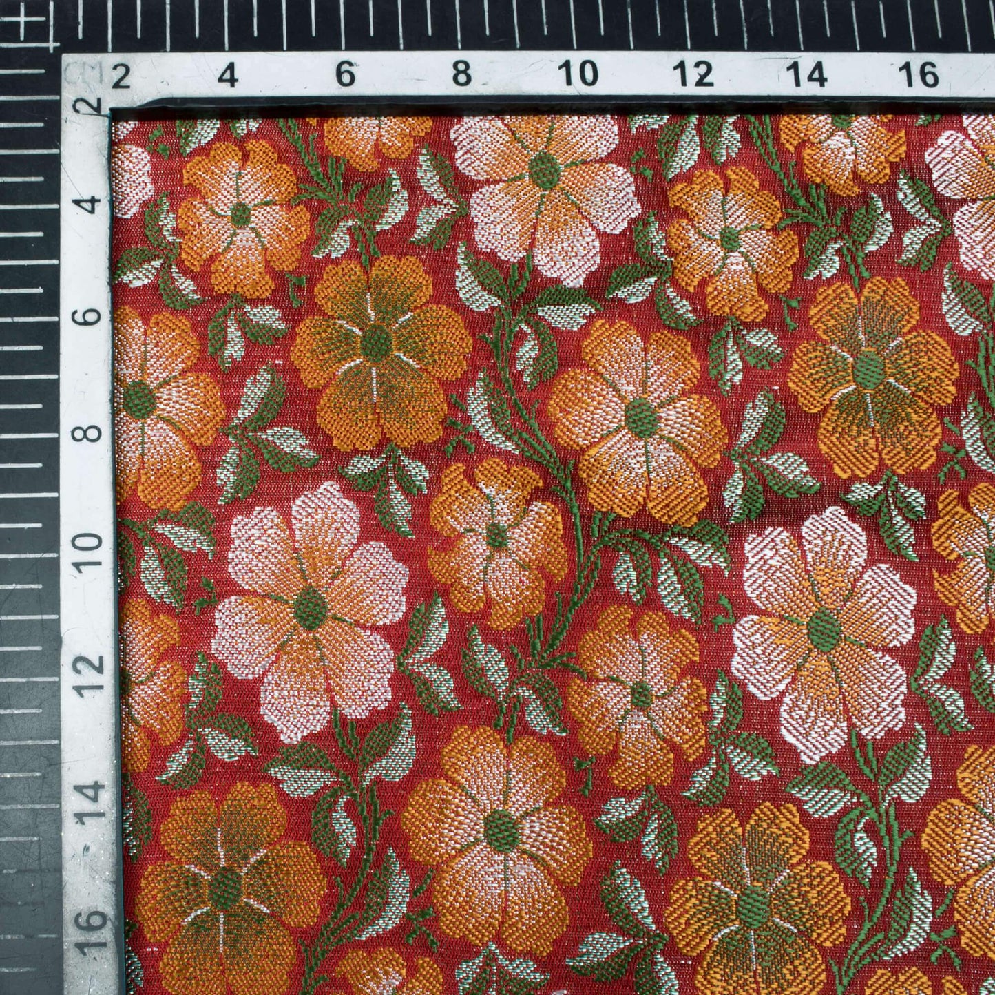 Brick Red And Yellow Floral Pattern Banarasi Resham Brocade Katan Silk Fabric