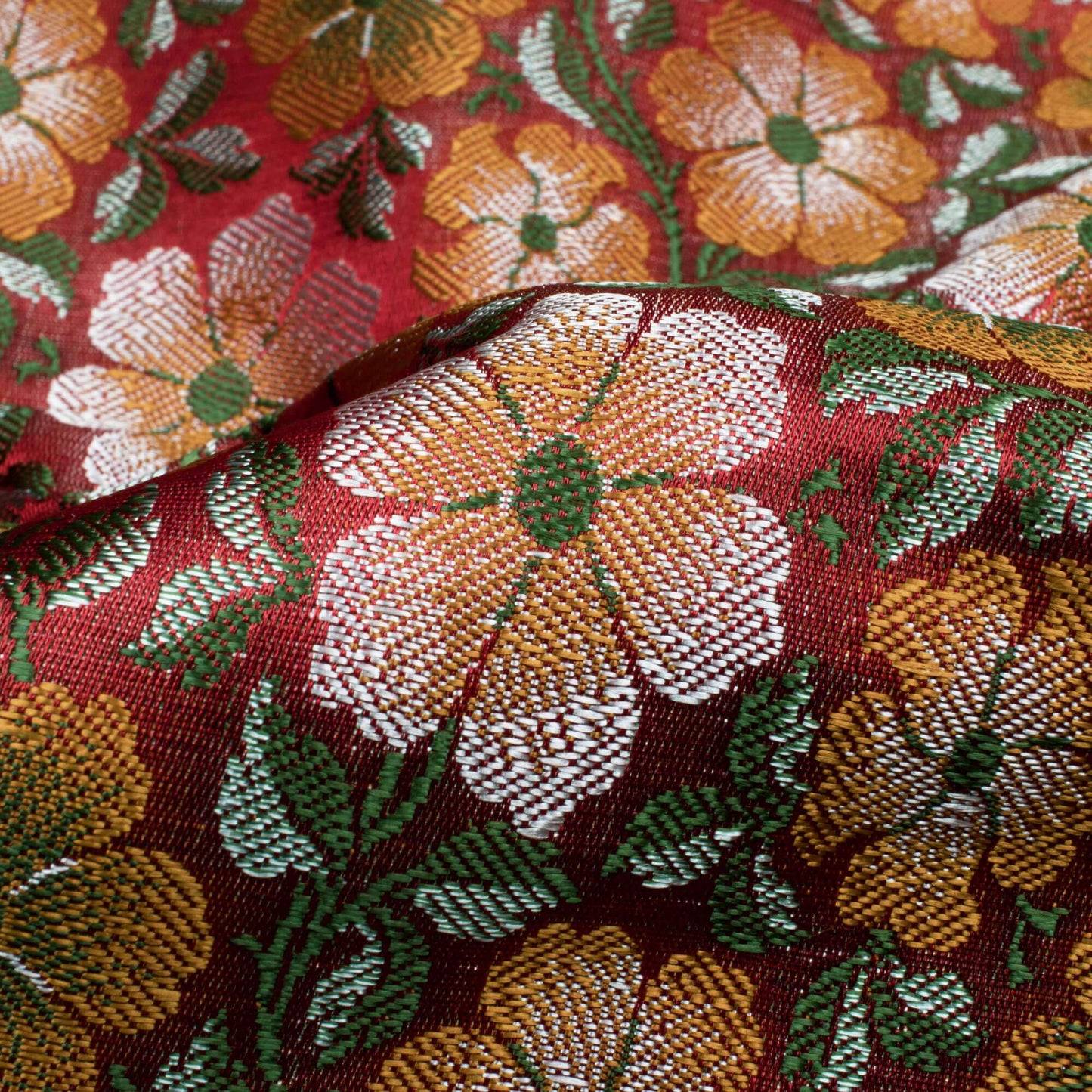 Brick Red And Yellow Floral Pattern Banarasi Resham Brocade Katan Silk Fabric