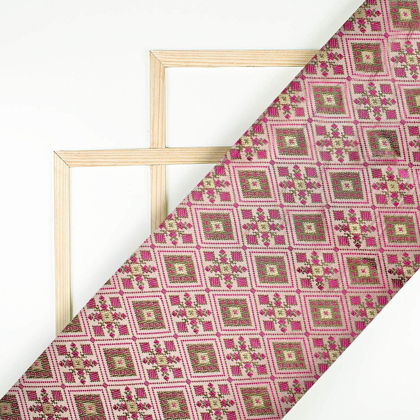 Oat Beige And Magenta Pink Traditional Pattern Banarasi Brocade Katan Silk Fabric