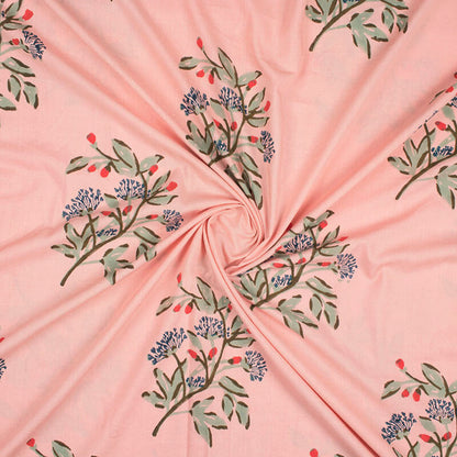 Pink And Tea Green Floral Pattern Handblock Lizzy Bizzy Fabric - Fabcurate