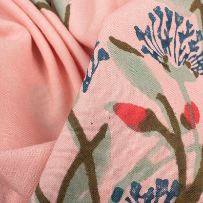 Pink And Tea Green Floral Pattern Handblock Lizzy Bizzy Fabric - Fabcurate