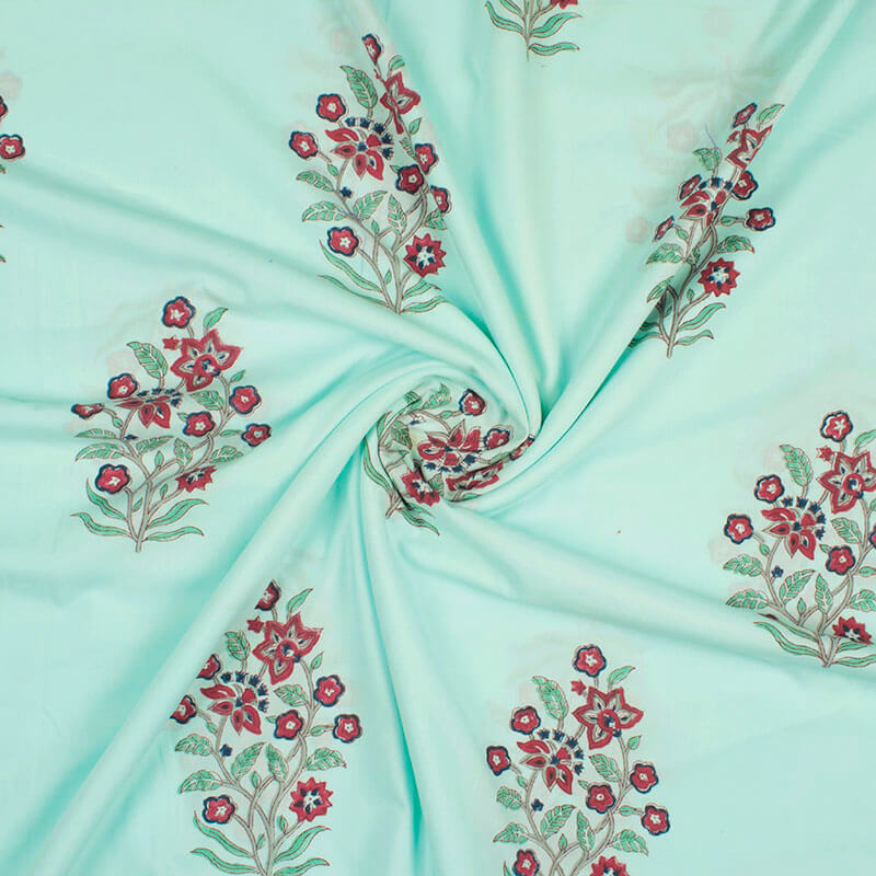 Sky Blue And Red Floral Pattern Handblock Lizzy Bizzy Fabric - Fabcurate