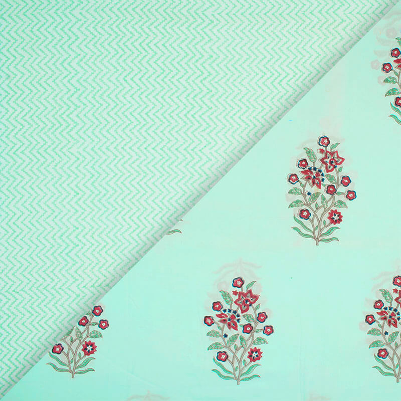 Sky Blue And Red Floral Pattern Handblock Lizzy Bizzy Fabric - Fabcurate