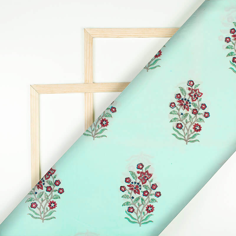 Sky Blue And Red Floral Pattern Handblock Lizzy Bizzy Fabric - Fabcurate