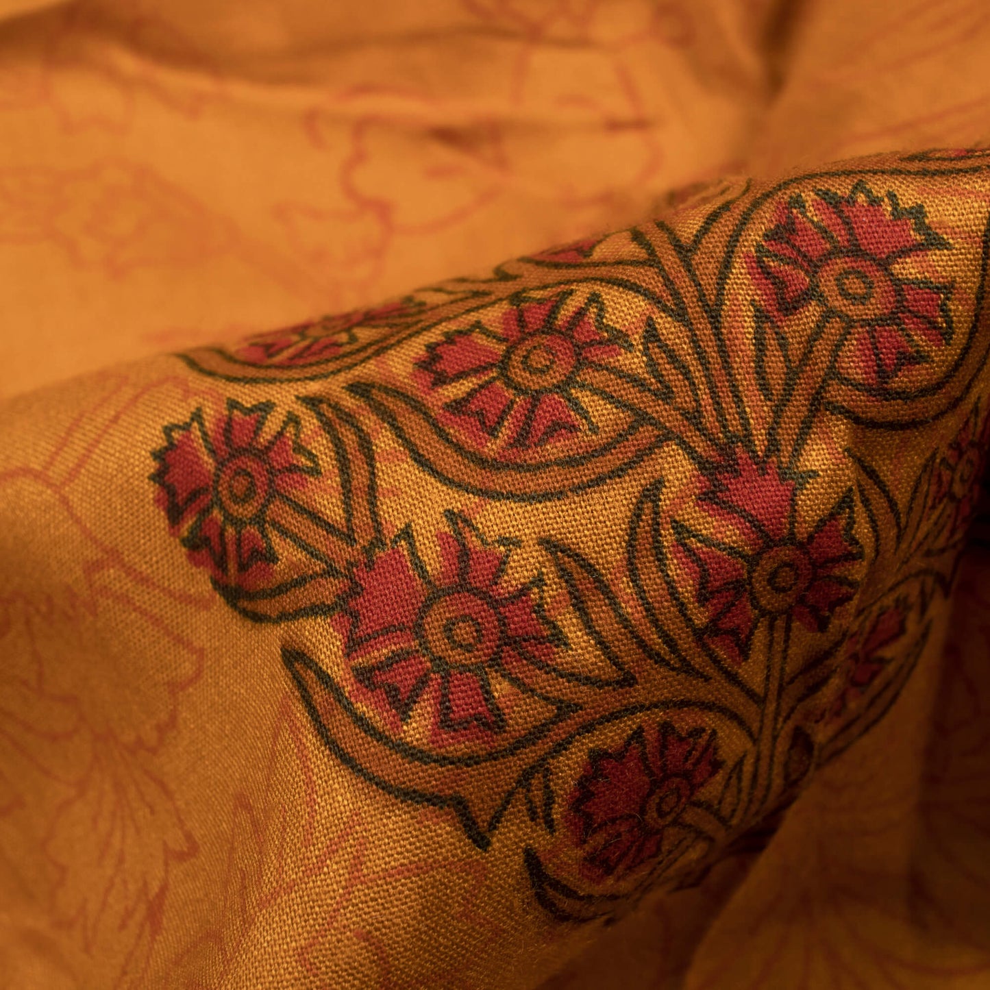 Ochre Yellow And Maroon Floral Pattern Handblock Lizzy Bizzy Fabric