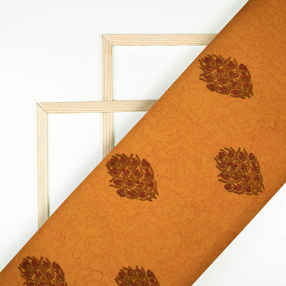 Ochre Yellow And Maroon Floral Pattern Handblock Lizzy Bizzy Fabric - Fabcurate