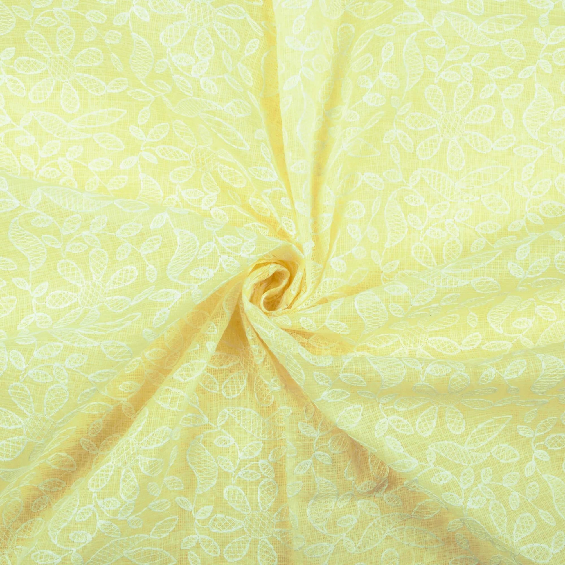 Light Yellow Floral Pattern Lucknowi Embroidery Cotton Kota Doria Fabric - Fabcurate