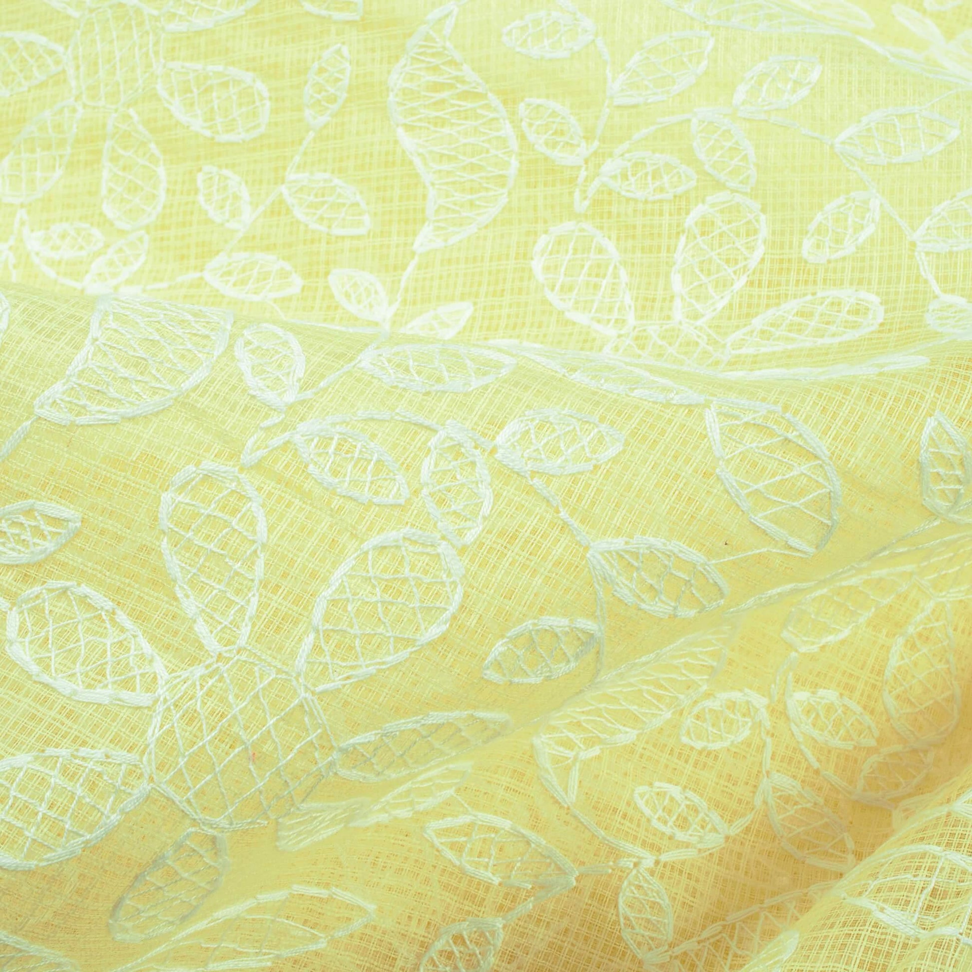 Light Yellow Floral Pattern Lucknowi Embroidery Cotton Kota Doria Fabric - Fabcurate