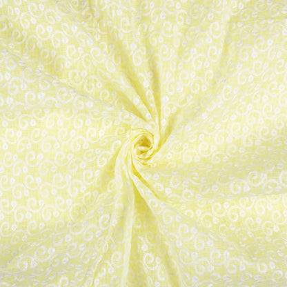 Light Yellow Traditional Pattern Lucknowi Embroidery Cotton Kota Doria Fabric - Fabcurate