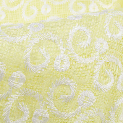Light Yellow Traditional Pattern Lucknowi Embroidery Cotton Kota Doria Fabric - Fabcurate