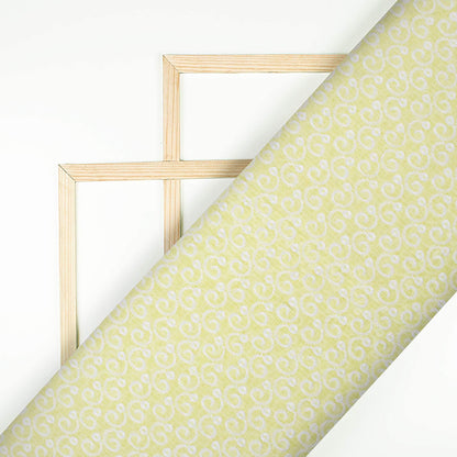 Light Yellow Traditional Pattern Lucknowi Embroidery Cotton Kota Doria Fabric - Fabcurate
