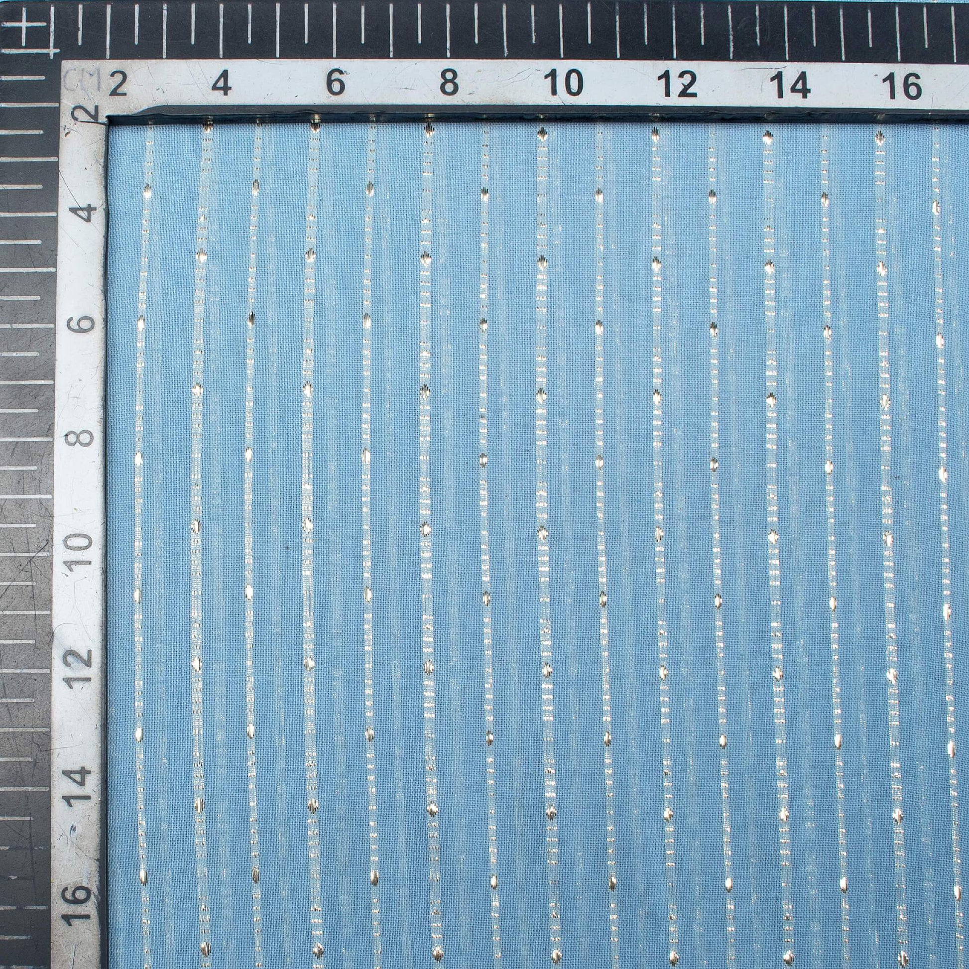 Baby Blue And Silver Stripes Pattern Plain Cotton Lurex Fabric - Fabcurate