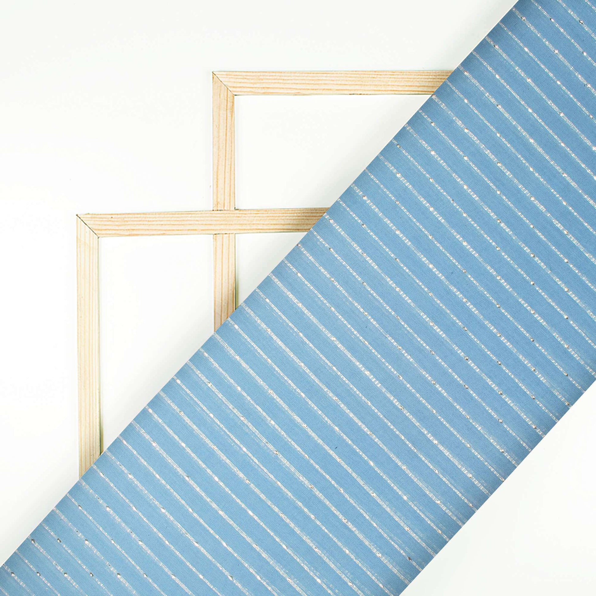 Baby Blue And Silver Stripes Pattern Plain Cotton Lurex Fabric - Fabcurate