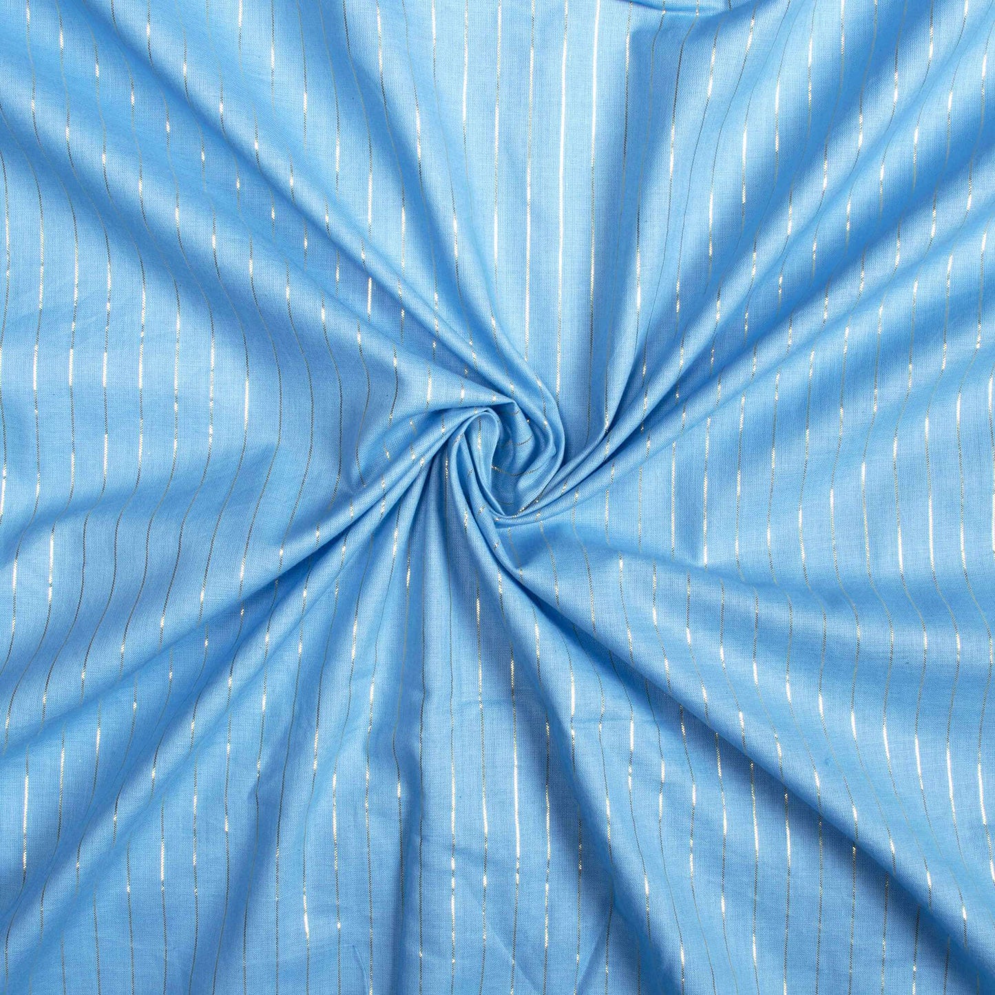 (Cut Piece 1.2 Mtr) Jordy Blue And Golden Stripes Pattern Plain Cotton Lurex Fabric