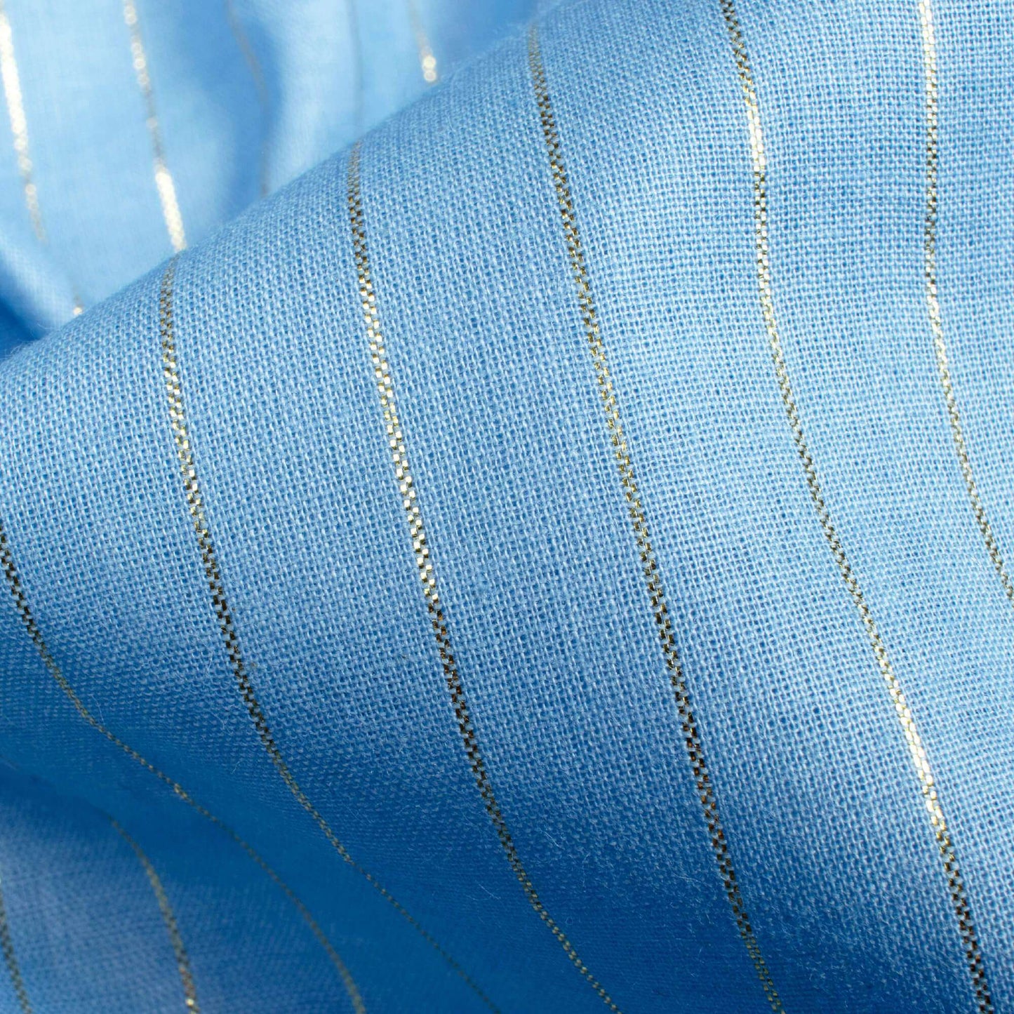 (Cut Piece 1.2 Mtr) Jordy Blue And Golden Stripes Pattern Plain Cotton Lurex Fabric