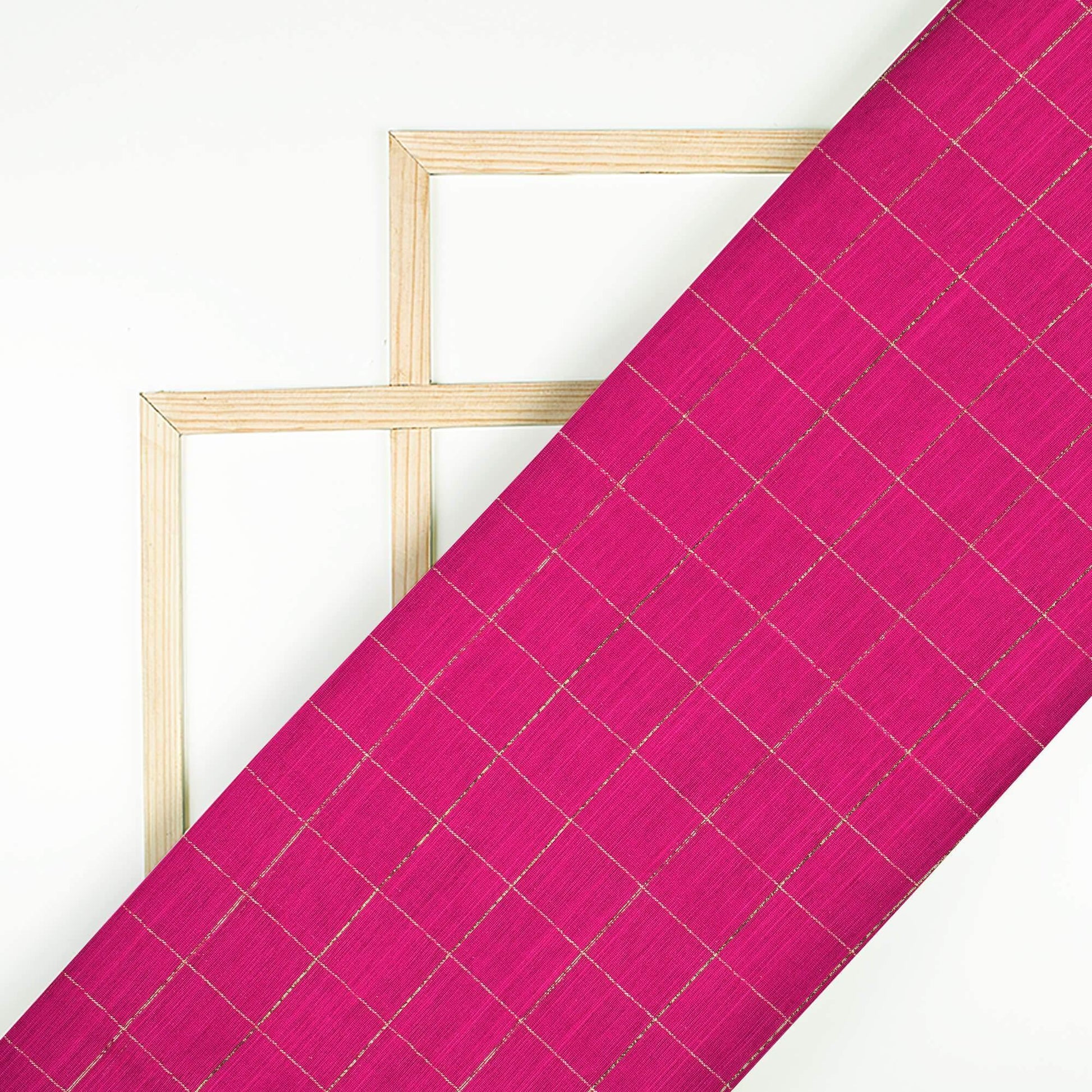 Magenta Pink Zari Checks Pattern Raw Silk Fabric - Fabcurate