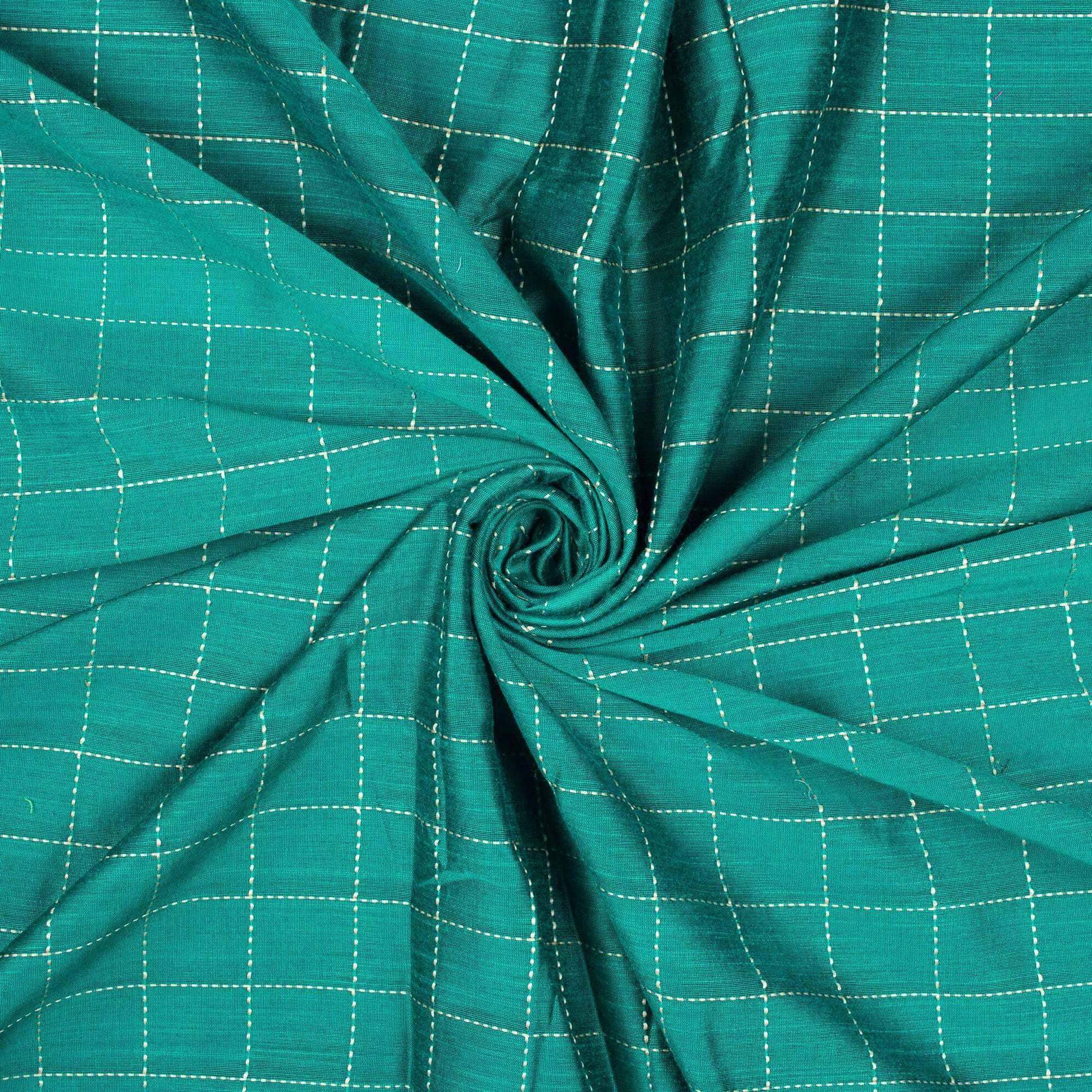 Teal Green Kantha Checks Pattern Raw Silk Fabric - Fabcurate
