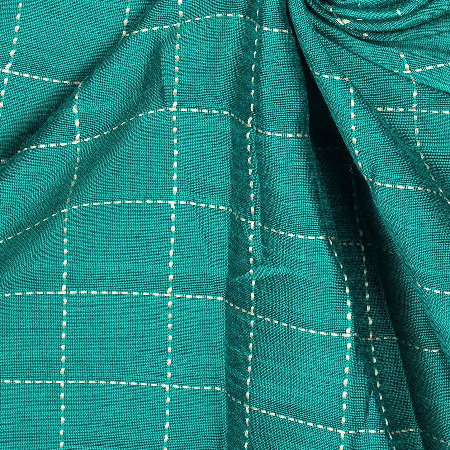 Teal Green Kantha Checks Pattern Raw Silk Fabric - Fabcurate