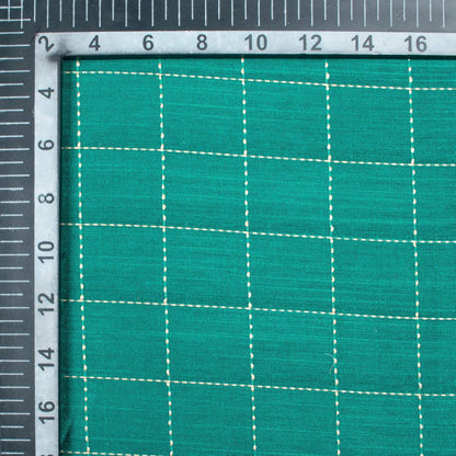 Teal Green Kantha Checks Pattern Raw Silk Fabric - Fabcurate