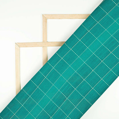 Teal Green Kantha Checks Pattern Raw Silk Fabric - Fabcurate